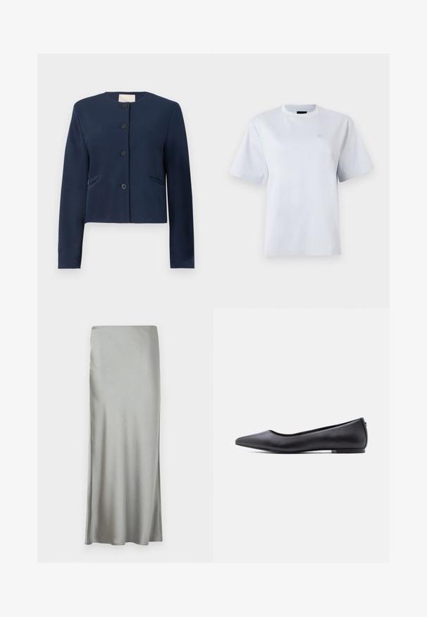 Marineblaues langärmliges, kragenloses Jacket mit vier schwarzen Knöpfen und zwei seitlichen Schlitztaschen, taillierte Passform.; Weißes T-Shirt mit kurzen Ärmeln und Rundhalsausschnitt mit kleinem gesticktem Logo auf der linken Brust.; Hellgrauer, satinierter Maxirock mit glatter Textur und Seitenschlitz, entworfen mit einem geraden Schnitt für eine fließende Silhouette.; Schwarzer flacher Lederschuh mit spitzer Kappe und niedrigem Absatz, seitlich vor weißem Hintergrund gezeigt.