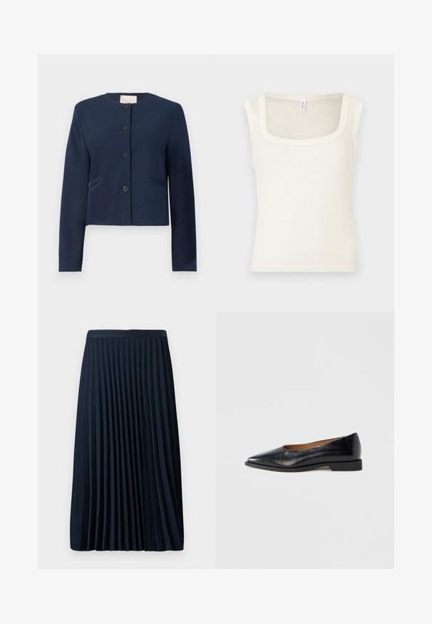 Navyblauwe colberloze jas met lange mouwen, vier zwarte knopen en twee zijzakken, op maat gemaakt.; Crèmekleurige mouwloze tanktop met een vierkante halslijn, geribbelde textuur en een aangesloten pasvorm. Gladde stof met strakke, rechte randen.; Geplooide marineblauwe rok met een gestructureerde tailleband, gemaakt van een soepele stof, met gelijkmatig verdeelde verticale plooien en een lengte tot halverwege het kalf.; Zwarte leren platte schoen met een puntige neus en een lage, vierkante hak. Gladde textuur, minimalistisch ontwerp, zonder zichtbare sieraden of patronen.