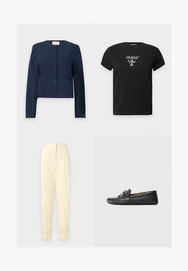 Navyblauwe colberloze jas met lange mouwen, vier zwarte knopen en twee zijzakken, op maat gemaakt.; Zwart katoenen T-shirt met korte mouwen, met een centraal wit logo en tekstontwerp. Ronde hals en standaard pasvorm.; Crèmekleurige hooggetailleerde, op maat gemaakte broek met plooien, taps toelopende pijpen en omslagen die bij de enkels zijn opgerold, weergegeven tegen een effen achtergrond.; Zwarte leren bootshoe met een ronde neus, gestikte details, een kleine strikaccent en een rubberen zool. Soepele textuur en gestroomlijnd ontwerp.