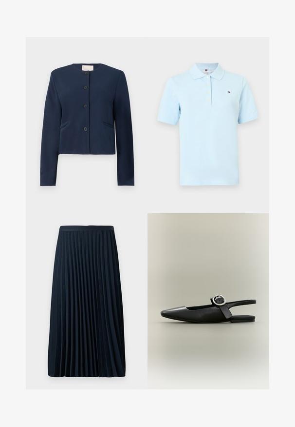 Navyblauwe colberloze jas met lange mouwen, vier zwarte knopen en twee zijzakken, op maat gemaakt.; Lichtblauw poloshirt met korte mouwen en kraag, vier witte knopen en een klein rood-wit-blauw rechthoekig logo op de linkerborst.; Geplooide marineblauwe rok met een gestructureerde tailleband, gemaakt van een soepele stof, met gelijkmatig verdeelde verticale plooien en een lengte tot halverwege het kalf.; Zwarte puntschoen met lage hak en zilveren gesp, slingback model op een neutrale achtergrond.