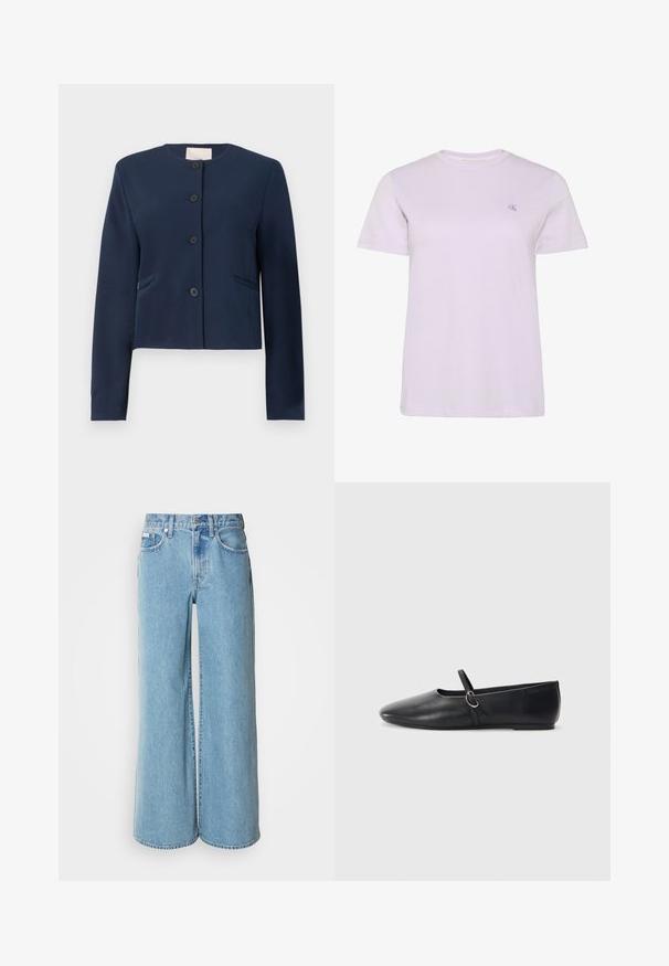 Navyblauwe colberloze jas met lange mouwen, vier zwarte knopen en twee zijzakken, op maat gemaakt.; Lichtpaars T-shirt met korte mouwen en een ronde hals, met een klein geborduurd "cK"-logo op de linkerborst, getoond tegen een witte achtergrond.; Lichtblauwe wijde jeans van denim, met een hoge taille, vijf pockets en subtiele vervaging langs de stof.; Zwarte leren balletschoenen met een spitse neus, platte zool en een kleine strap met een zilveren gespsluiting.