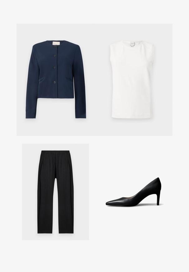 Navy blue pitkähihaisella, kaulattomalla takilla, jossa on neljä mustaa nappia ja kaksi sivutaskua, muotoilu istuva.; Valkoinen hihaton pikeepaita, jossa on pyöreä pääntie ja Calvin Kleinin merkki takakauluksessa, esillä yksinkertaisella vaalealla taustalla.; Mustat suorat housut joustavalla vyötäröllä ja sivutaskuilla, valmistettu kevyestä kankaasta.; Musta nahkainen naisten korkokengän mallinen kärkiosa, jossa on keskikorkea korko, kuvattuna sivulta valkoisella taustalla.