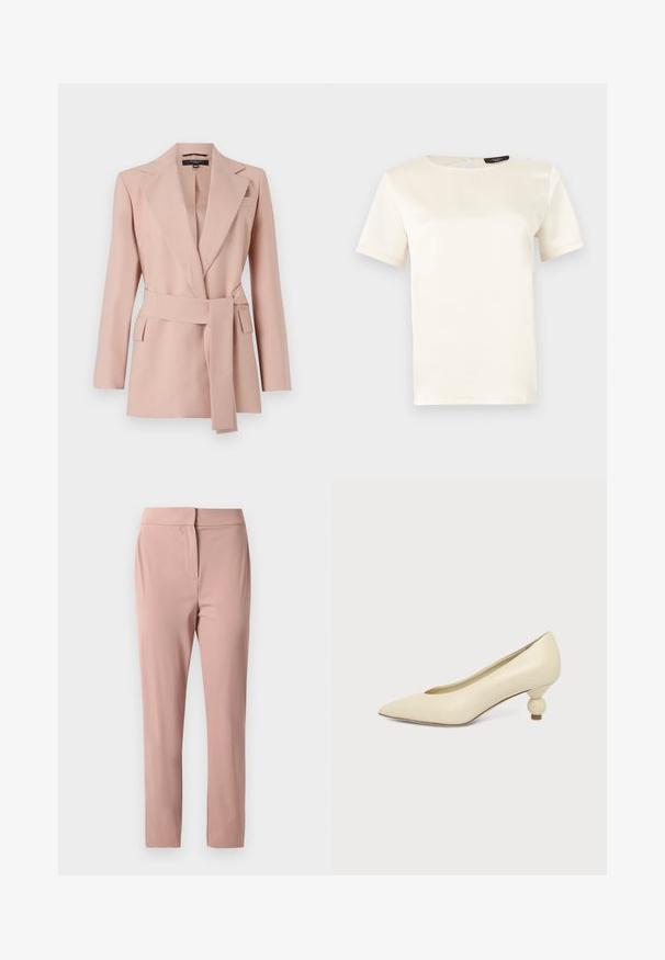 Blush pink blazer med en skræddersyet pasform, skrå klapper, ombukket bælte og to sidelommer. Fremstillet af glat stof med et struktureret design.; Kortærmet, cremefarvet top med rund halsudskæring, glat tekstur og lynlåslukning på ryggen med nøglehul. Klassisk og minimalistisk design.; Skræddersyede, højtaljede, lyserøde bukser med skjult frontlukning, lavet af glat, letvægtsstof.; Kremfarvet damesko med spids snude og lav hæl, hvor hælen er rund og kugleformet, på en ensfarvet baggrund.