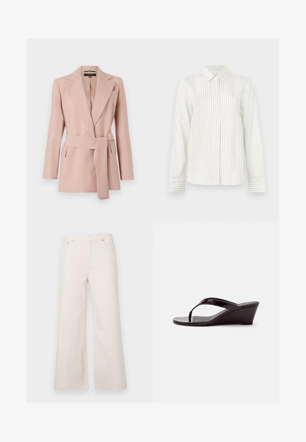 Blush pink blazer med en skræddersyet pasform, skrå klapper, ombukket bælte og to sidelommer. Fremstillet af glat stof med et struktureret design.; Hvid skjorte med knaplukning, vertikale lysegrå og blå striber, lange ærmer, standard krave og lige skæring i kanten.; Bredde ben, lysebeige denimbukser med høj talje, fem lommer og knaplukning foran. Glat tekstur, minimale syningsdetaljer.; Brun patentlæder kile-sandal med tåremme og åben tå, vist i sideprofil på en ensfarvet baggrund.