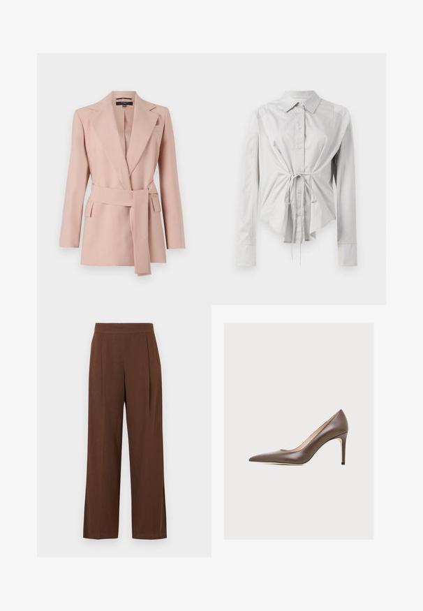 Blush pink blazer med en skræddersyet pasform, skrå klapper, ombukket bælte og to sidelommer. Fremstillet af glat stof med et struktureret design.; Lys grå langærmet skjorte med en tætsiddende talje, knaplukning foran og bånddetalje i taljen. Lavet af glat stof med klassisk krave.; Brune vidde-bukser med en glat tekstur, der har en flad front og læg. Taljebåndet er elastisk for komfort og pasform.; Brun læderhøjhælet pumpe med spids tå og slank hæl på en ensfarvet lys baggrund.