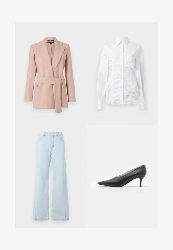 Blush pink blazer med en skræddersyet pasform, skrå klapper, ombukket bælte og to sidelommer. Fremstillet af glat stof med et struktureret design.; Hvid skjorte med lange ærmer, der har en rynket tekstur på fronten, små gyldne knapper og en klassisk krave.; Lysblå denim wide-leg jeans har høj talje, frontlommer og synlige stiksyninger på sømmene og kanten.; Sorte spidse højhælede sko lavet af glat læder. Har en slank hæl og et minimalistisk design uden synlige udsmykninger.