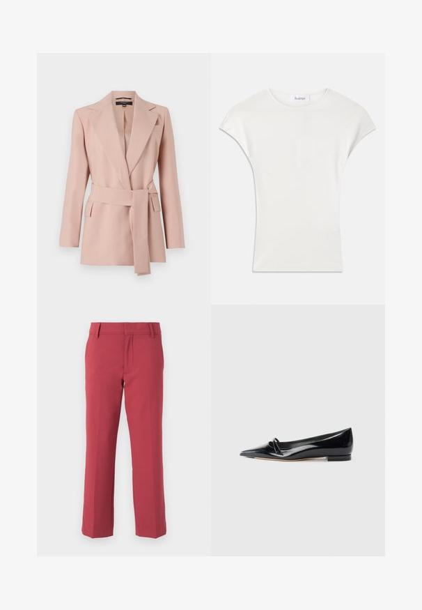 Blush pink blazer med en skræddersyet pasform, skrå klapper, ombukket bælte og to sidelommer. Fremstillet af glat stof med et struktureret design.; Hvid kortærmet skjorte lavet af blød, ribbet stof. Rund hals; afslappet pasform med lette cap-ærmer. Mærkeetikette synlig ved halsudskæringen.; CLOSED SERANDON - Bukser - cherry red; Sorte patentlæder flade sko med spids tå, lille dekorativ rem og lav blokhæl. Glat tekstur og strømlinet design.