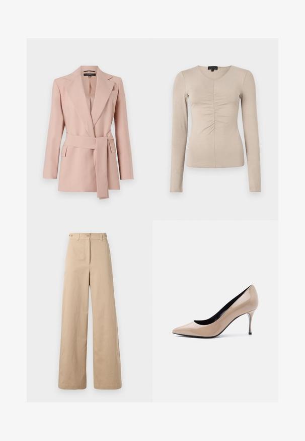 Blush pink blazer med en skræddersyet pasform, skrå klapper, ombukket bælte og to sidelommer. Fremstillet af glat stof med et struktureret design.; Langærmet bluse med V-hals i let beige stof. Har rynkedetaljer i midten foran. Blød, glat tekstur.; Beige brede bukser lavet af bomuld. Har en knap- og lynlås lukning med to frontlommer og en glat, mat tekstur.; Beige laklæder peep-toe højhælet sko med smal stilet-hæl og sort inderfor på hvid baggrund.