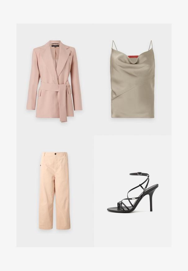 Blush pink blazer med en skræddersyet pasform, skrå klapper, ombukket bælte og to sidelommer. Fremstillet af glat stof med et struktureret design.; Satin cami i lys taupe med en draperet halsudskæring, tynde justerbare stropper og skrå sømdetaljer. Mærketikette i rød på bagsiden.; Beige bomulds cropped bukser med lige pasform, der har en enkelt knap i taljen og sidelommer. Glat tekstur uden mønstre.; Sort højhælet sandal med tynde stropper, en ankelspænde, en glat læderoverflade og en slank stilethæl.
