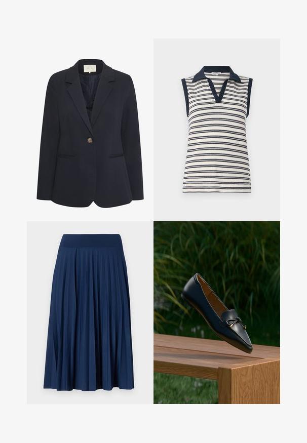 Blazer marine avec un col cranté, fermeture à un bouton, deux poches avant et une texture lisse. Intérieur doublé.; Haut sans manches à col en V en rayures blanches et bleues marines. Caractéristiques d'un col et d'un ourlet bleu marine unis. Texture en maille avec un motif de rayures horizontales.; Jupe plissée bleu marine avec une large ceinture, fabriquée en tissu doux. Présente des plis verticaux pour une texture et un mouvement fluide.; Mocassin en cuir noir avec un détail en nœud flottant au-dessus d'un banc en bois, avec de l'herbe verte et des plantes en arrière-plan.