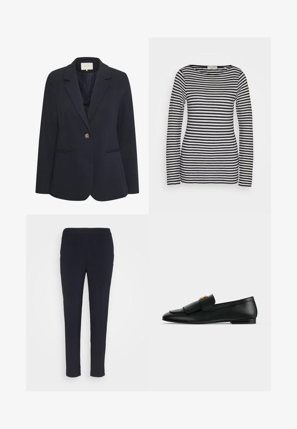 Blazer marine avec un col cranté, fermeture à un bouton, deux poches avant et une texture lisse. Intérieur doublé.; Haut à manches longues en coton, avec des rayures horizontales bleu marine et blanches, col rond, coupe ajustée, texture lisse et design minimaliste.; Pantalon bleu marine en tissu lisse, avec une coupe slim, un devant plat et une taille standard avec passants de ceinture. Pas de motifs visibles ni d'accents.; Mocassin en cuir noir avec un rabat avant à franges et une petite boucle dorée sur un fond gris clair uni.