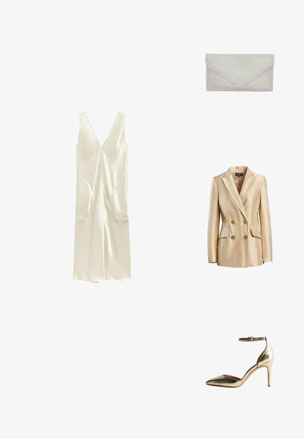 Beige dubbelzijdige blazer van satijn, met een gesneden kraag, twee voorzakken en goudkleurige knopen voor sluiting.; Mouwloze ivoorkleurige satijnen jurk met diepe V-hals en subtiele bloemstructuur, hangend tegen een witte achtergrond.; Gouden, textuur ontwerp, hoge hakken met een puntige neus en enkelbandje. Voorzien van een gladde binnenvoering en een slanke stilettohak.; Zilveren clutch met een gestructureerd oppervlak van kleine, glanzende kraaltjes. Heeft een envelopvorm en een driehoekige flapsluiting.