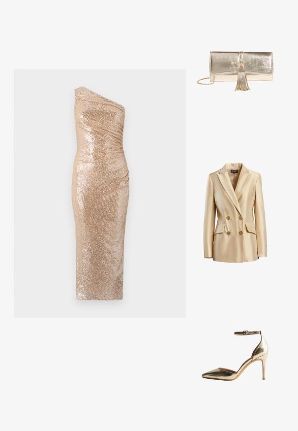Beige doppelt geknöpften Blazer aus Satin mit Reverskragen, zwei Fronttaschen und goldfarbenen Knöpfen zum Schließen.; Körperbetontes Kleid mit einem Schulterdesign, aus einer goldenen Paillettenstoff hergestellt. Es hat eine figurnahe Silhouette und eine glatte Textur.; Goldfarbene, texturierte High Heels mit spitzer Zehenpartie und Knöchelriemen. Besitzt ein glattes Innenfutter und einen schlanken Stiletto-Absatz.; Glänzende metallische goldene Clutch mit Klappenverschluss, dekorativer Quaste und goldenem Kettenriemen vor weißem Hintergrund.