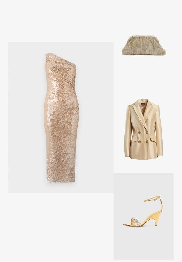 Beige dobbeltbrystet blazer lavet af satin, med en spidse krave, to frontlommer og guldtonede knapper til lukning.; Bodycon kjole med en skulderdesign, lavet af glitrende stof i guld. Har en tætsiddende silhuet og glat tekstur.; Guldhælede sandaler med et bånddesign, der har rhinestone-detaljer. Åben tå, justerbar ankelrem og en spids hæl.; Metalisk guldnettaske med samlet top og kæderem. Har et mønster af små skinnende elementer i et gitter og en struktureret form.