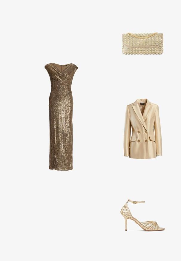 Beige dubbelzijdige blazer van satijn, met een gesneden kraag, twee voorzakken en goudkleurige knopen voor sluiting.; Gouden avondjurk zonder mouwen met pailletten, een V-hals wikkelontwerp en een aansluitende lange silhouet.; Sandal met hoge hakken en bandjes, voorzien van een metallic gouden afwerking, met een enkelbandje, open teen en een kruislings ontwerp aan de voorkant.; Avond clutch in goudkleur met een gouden kettingriem en rijen fonkelende strasversieringen.