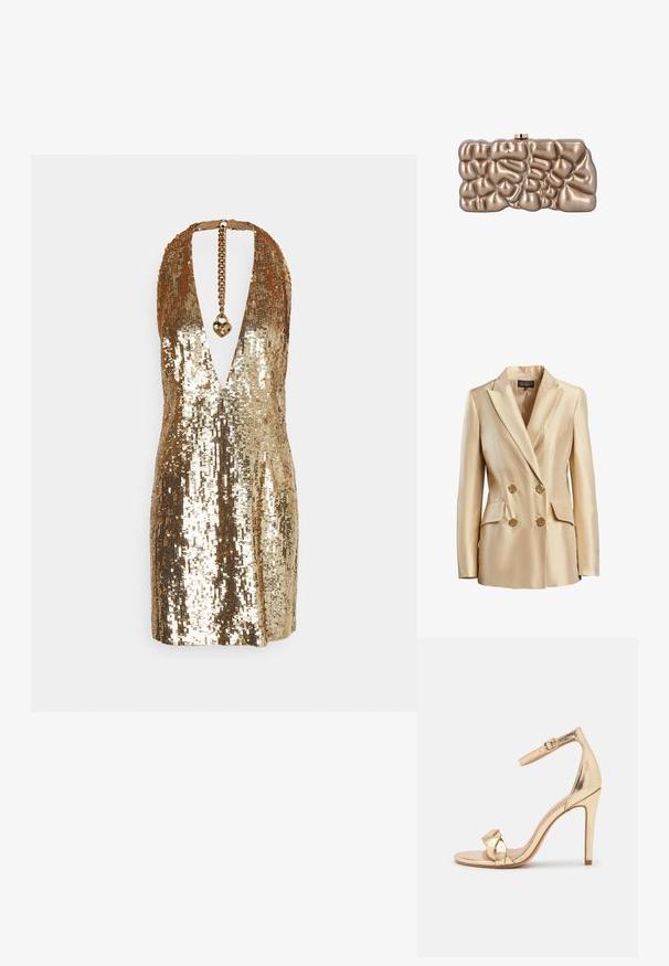 Beige dobbeltbrystet blazer lavet af satin, med en spidse krave, to frontlommer og guldtonede knapper til lukning.; Glitrende, pailletbesat kjole i guldtoner. Har en dyb V-hals og en rygkæde med et hjertecharms. Kort, tætsiddende silhuet.; Anna Field by Zalando Højhælede sandaletter / Højhælede sandaler - gold; Clutch-taske med metallisk guldbelagte finish og uregelmæssigt, polstret geometrisk mønster, rektangulær form og top lås.