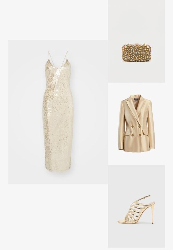 Beige dubbelzijdige blazer van satijn, met een gesneden kraag, twee voorzakken en goudkleurige knopen voor sluiting.; Gelaagde jurk in crème kleur, met een slank model, knielange ontwerp en dunne spaghettibandjes. De stof is versierd met glanzende pailletten.; Gouden metalen high-heel sandaal met open teen, voorzien van gekruiste bandjes en een slingback ontwerp. Gladde textuur met een glanzende afwerking.; Gouden clutch met intrikate kraal- en strasstenen versieringen. Rechthoekige vorm, sluiting met clasp en een afneembare schouderriem.