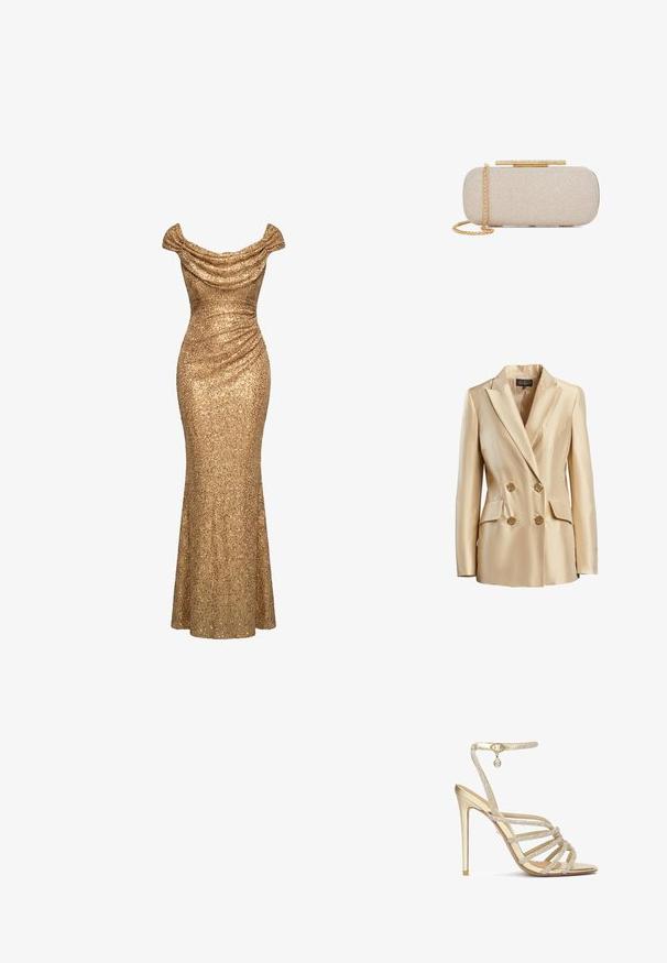 Beige dubbelzijdige blazer van satijn, met een gesneden kraag, twee voorzakken en goudkleurige knopen voor sluiting.; Gouden avondjurk met pailletten, off-shoulder, met geplooide details en een nauwsluitend, tot op de vloer reikend silhouet.; Gouden hoge hakken sandalen met meerdere kralen-omzoomde banden en een enkelbandje, met een gladde metallic afwerking en een puntige neus.; Rechthoekige beige gestructureerde clutch met goudkleurige kettingband en goudkleurig sluiting versierd met strass steentjes op witte achtergrond.