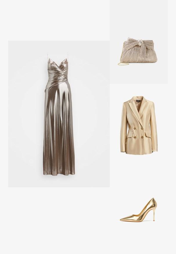 Beige doppelt geknöpften Blazer aus Satin mit Reverskragen, zwei Fronttaschen und goldfarbenen Knöpfen zum Schließen.; Metallisch bronze Abendkleid mit tailliertem Oberteil, drapierter Vorderseite und verstellbaren Spaghetti-Trägern. Glatte, glänzende Stoff mit bodenlanger Gestaltung.; Glänzender goldener High-Heel-Stiletto mit spitzer Spitze und schlankem Absatz auf weißem Hintergrund.; Metallisch goldfarbene Clutch-Tasche mit plissiertem Stoff, einschließlich einer Schleifendetail oben und einem goldenen Kettenriemen für Vielseitigkeit und einfachen Transport.
