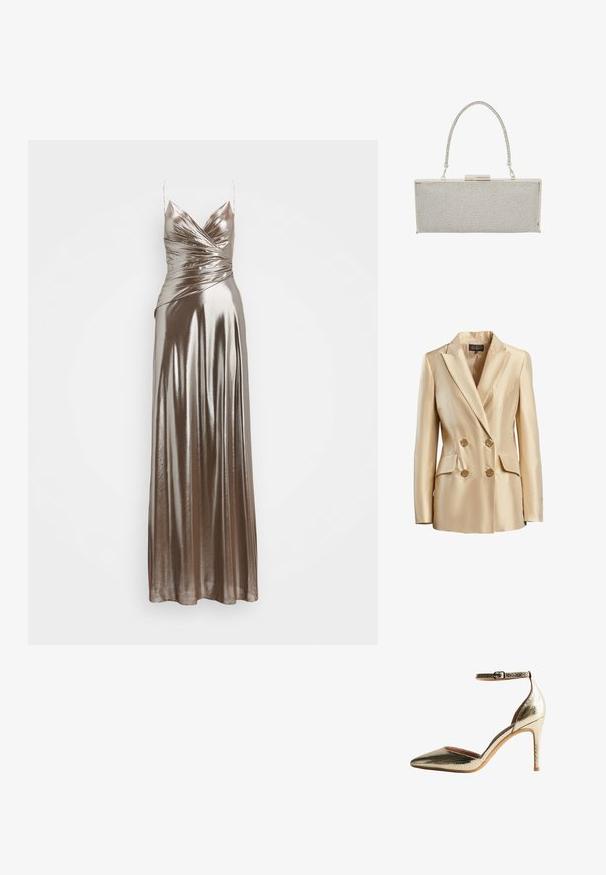 Beige dubbelzijdige blazer van satijn, met een gesneden kraag, twee voorzakken en goudkleurige knopen voor sluiting.; Metallisch bronzen avondjurk met een aangesloten lijfje, gedrapeerde voorkant en verstelbare spaghettibandjes. Glad, glanzend stof met een vloerlang ontwerp.; Gouden, textuur ontwerp, hoge hakken met een puntige neus en enkelbandje. Voorzien van een gladde binnenvoering en een slanke stilettohak.; Zilveren rechthoekige clutch tas met een mesh ontwerp, voorzien van een kettinghandvat en metalen klapsluiting. Glad textuur met sprankelende accenten.