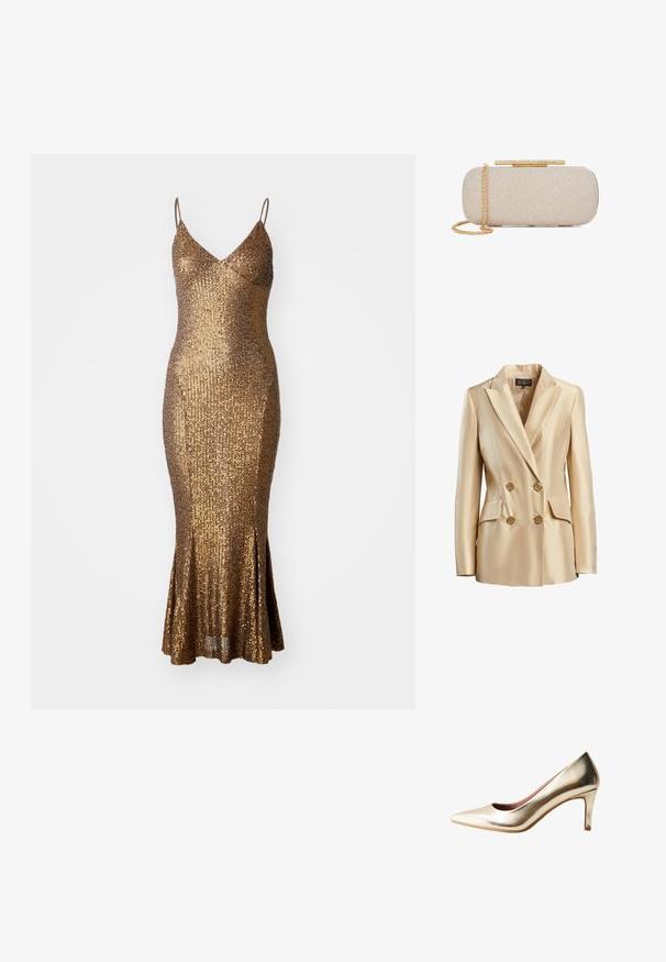 Beige dubbelzijdige blazer van satijn, met een gesneden kraag, twee voorzakken en goudkleurige knopen voor sluiting.; Gouden pailletten jurk met een aansluitende silhoutte, spaghettibandjes en een uitlopende zoom. De textuur van het oppervlak weerkaatst licht en versterkt de glans.; Dames metallic gouden puntige hoge hak schoen met een smalle hak van middelhoogte en een gladde afwerking op een witte achtergrond.; Rechthoekige beige gestructureerde clutch met goudkleurige kettingband en goudkleurig sluiting versierd met strass steentjes op witte achtergrond.
