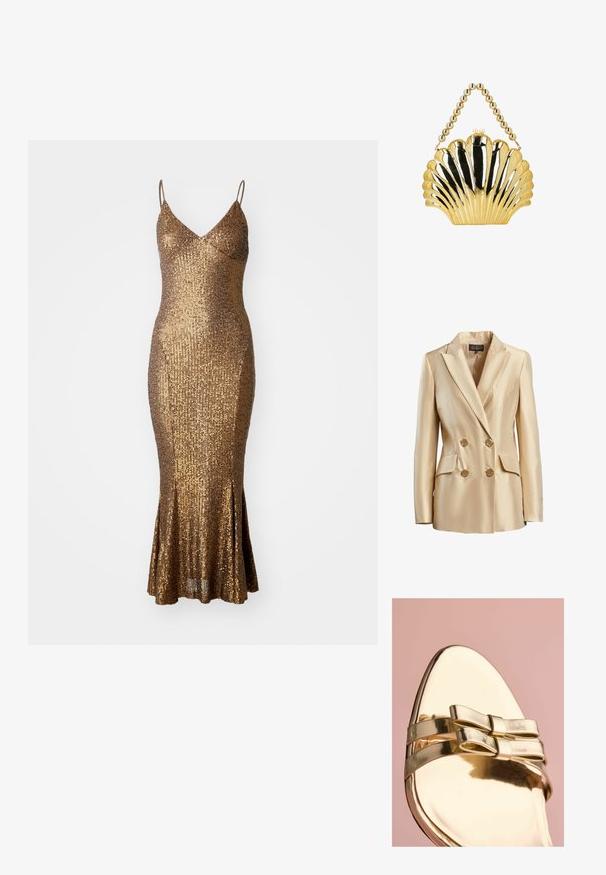 Beige dobbeltbrystet blazer lavet af satin, med en spidse krave, to frontlommer og guldtonede knapper til lukning.; Guldpalietteret kjole med en tætsiddende silhuet, spaghetti stropper og en flared kant. Den strukturerede overflade reflekterer lyset og fremhæver glitteret.; Guldmetallic slip-on sko med spids tå, med dobbelte sløjfedetaljer og glat, skinnende overflade. Baggrunden er blød lyserød.; Guldmetallisk håndtaske formet som en muslingeskal med en perlebesat hank og perlebeslag på en hvid baggrund.