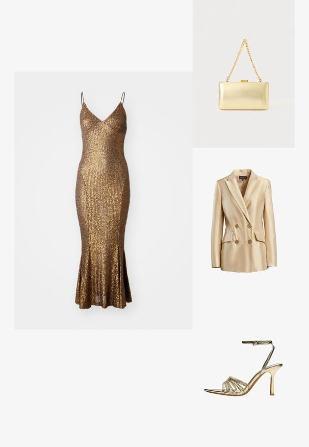 Beige dobbeltbrystet blazer lavet af satin, med en spidse krave, to frontlommer og guldtonede knapper til lukning.; Guldpalietteret kjole med en tætsiddende silhuet, spaghetti stropper og en flared kant. Den strukturerede overflade reflekterer lyset og fremhæver glitteret.; Guldfarvet højhælet sandal med remme, ankelspænde, åben tå og slank stiletthæl på hvid baggrund.; Rektangulær guld clutch taske med skinnende overflade, metal-lås og kort guldkædehank mod en lys ensfarvet baggrund.