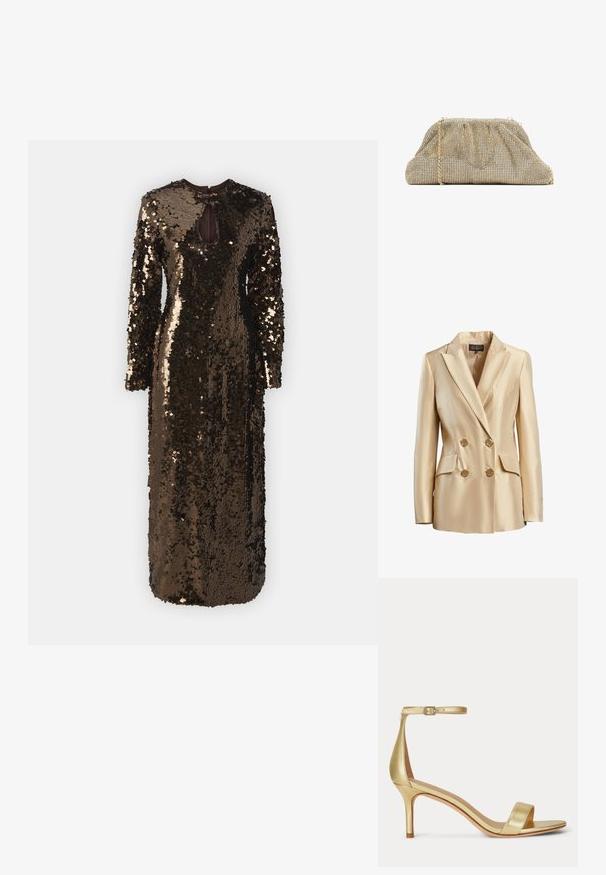 Beige dobbeltbrystet blazer lavet af satin, med en spidse krave, to frontlommer og guldtonede knapper til lukning.; Lang glitrende kjole i mørkebrun med høj hals og lange ærmer, med en nøglehuludskæring foran og en tætsiddende silhuet.; Guld højhælet sandal med tynd ankelrem og spænde, åben tå og slank hæl, vist fra siden på en hvid baggrund.; Metalisk guldnettaske med samlet top og kæderem. Har et mønster af små skinnende elementer i et gitter og en struktureret form.