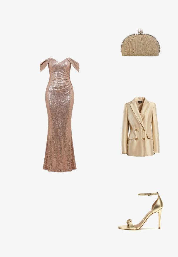 Beige doppelt geknöpften Blazer aus Satin mit Reverskragen, zwei Fronttaschen und goldfarbenen Knöpfen zum Schließen.; Bodenlanges Kleid aus roségoldenen Pailletten mit schulterfreien Ärmeln und gerafften Details an der rechten Hüfte.; Goldene, metallische High-Heel-Sandalette mit einem Knöchelriemen, offener Zehenpartie, breitem Riemen mit rundem Akzent und Stiletto-Absatz. Glatte Textur.; Clutch aus goldfarbenem Stoff mit plisierter Textur, silbernem Rahmen und großem Perlenverschluss mit kleineren Perlen am Rand.