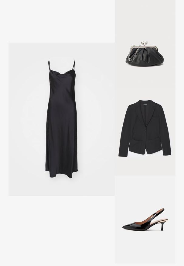 Blazer noir en tissu texturé, avec une fermeture à un bouton, des revers crantés et deux poches avant.; Robe nuisette en satin noir avec de fines bretelles spaghetti, une texture lisse et un corsage ajusté qui se prolonge en une silhouette en A.; Escarpin slingback en cuir verni noir avec bout pointu et petit talon kitten sur fond blanc uni.; Porte-monnaie en cuir noir avec texture froncée, cadre en métal argenté, fermeture à verrouillage kiss-lock et bandoulière en chaîne. Surface lisse et douce.