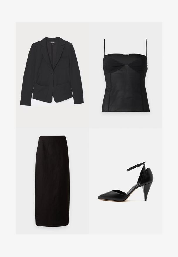 Blazer noir en tissu texturé, avec une fermeture à un bouton, des revers crantés et deux poches avant.; Haut noir ajusté sans manches avec fines bretelles, encolure en cœur et détails de coutures sur un fond blanc uni.; Jupe midi noire en tissu léger. Elle présente une silhouette droite, une texture lisse et une taille simple sans embellissements.; Escarpin en cuir noir à bout pointu avec bride à la cheville et talon conique sur fond blanc.