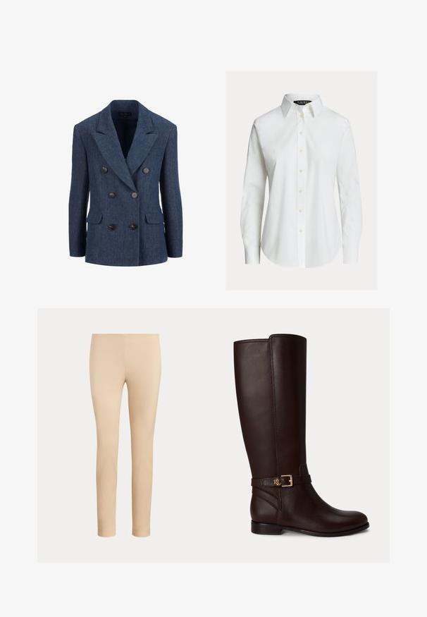 Blazer croisé en tissu bleu foncé à finition texturée, doté de grands boutons noirs et de deux poches avant. Revers crantés présents.; Chemise blanche à manches longues avec col pointu, boutons sur le devant et ourlet légèrement incurvé.; Pantalon beige slim fit longueur cheville avec une finition lisse, sans poches visibles ni ornements, sur un fond uni.; Botte en cuir marron foncé mi-mollet avec une petite boucle dorée et le logo "RL" sur la sangle autour de la cheville.