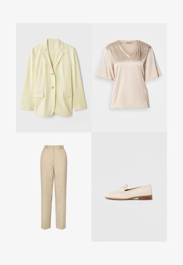 Blazer jaune clair en tissu lisse, avec un col à revers, deux poches avant et deux boutons. Silhouette ajustée avec une coupe droite.; T-shirt en satin beige avec un col en V, des manches courtes évasées et une texture lisse. Le design est simple, sans motifs ni embellissements.; Pantalons beiges sur mesure en tissu lisse et texturé, taille haute et deux boutons à l'avant. Ils présentent une coupe droite et un minimum de coutures.; Mocassin en cuir beige avec dessus texturé, bride décorative et petit talon. Présente un design minimaliste et un détail de logo subtil.