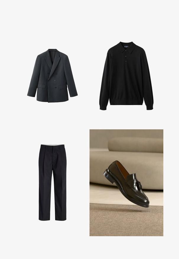 Veste croisée gris foncé à revers crantés, avec deux poches avant et boutons noirs, confectionnée dans un tissu texturé pour une apparence formelle.; Polo à manches longues noir en tissu doux, avec col, patte de boutonnage à trois boutons et poignets et ourlet côtelés.; Pantalon noir à jambes droites avec taille, passants de ceinture, fermeture éclair à l'avant et poches latérales, présenté sur fond blanc.; Mocassin en cuir noir avec pompons flottant au-dessus d'un tapis beige avec un canapé beige en arrière-plan.