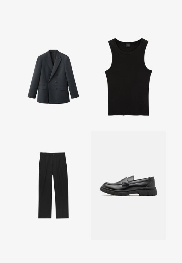 Veste croisée gris foncé à revers crantés, avec deux poches avant et boutons noirs, confectionnée dans un tissu texturé pour une apparence formelle.; Débardeur noir à côtes avec un col rond et de larges emmanchures, fabriqué à partir d'un tissu doux et extensible. Étiquette : Pull&Bear.; Pantalons noirs au design droit, fabriqués à partir d'un tissu lisse. Dotés de plis sur le devant et d'une fermeture à un bouton à la taille.; Mocassin en cuir noir avec une large sangle sur le devant, semelle en caoutchouc à épaisse rainure, et texture lisse. Design classique et élégant.