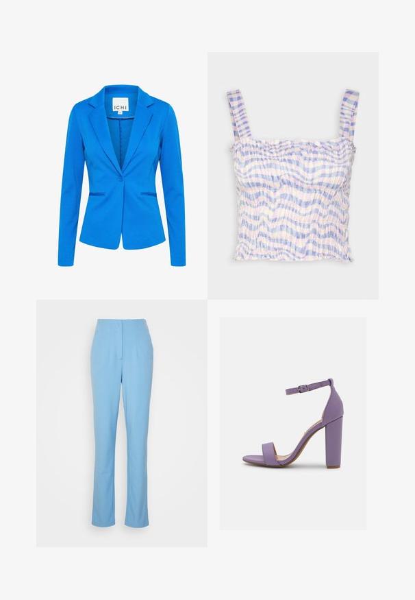 Blå tætsiddende blazer lavet af struktureret stof. Har en spids revers, enkelt knaplukning og to frontlommer med diskret syning.; Twist & Tango VEGA - Top - multi-coloured; Vero Moda Tall VMKIRALOA TAPERED SOLID PANT - Bukser - little boy blue; Lilla højhælede sandal med ankelrem, glat syntetisk materiale, åben tå-design og blokhæl. Flad sål og minimalistisk stil.