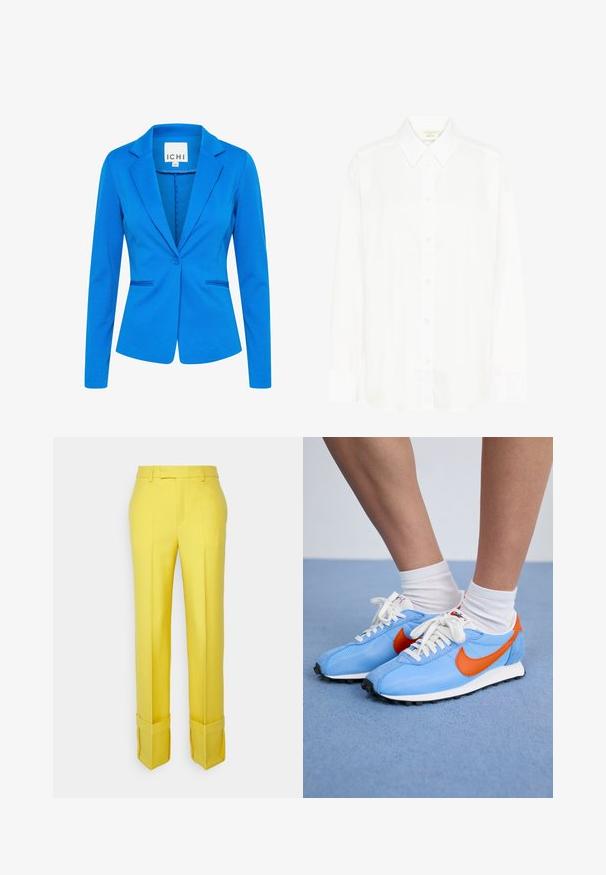 Blå tætsiddende blazer lavet af struktureret stof. Har en spids revers, enkelt knaplukning og to frontlommer med diskret syning.; Hvid langærmet skjorte med knapper, klassisk krave og almindelig pasform. Fremstillet af glat stof med otte knapper ned foran.; BITE Studios TAILORED FOLD UP TROUSER - Bukser - neon green; Blå mesh- og ruskinds sneakers med orange accenter og hvide snørebånd. Sort gummisål. Båret med hvide crew-sokker på en blå overflade.