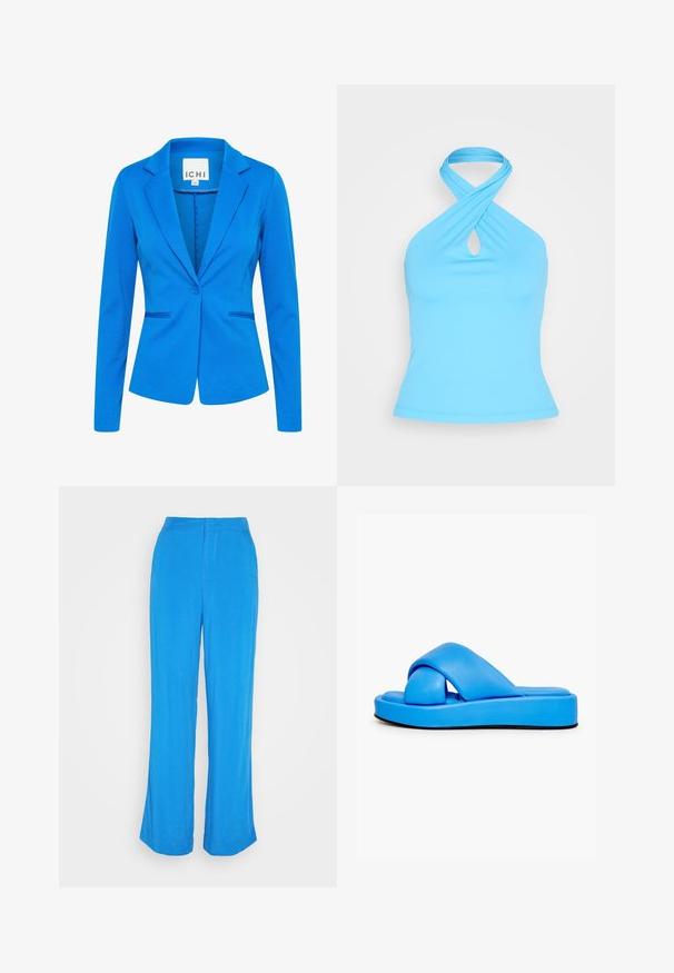 Blå tætsiddende blazer lavet af struktureret stof. Har en spids revers, enkelt knaplukning og to frontlommer med diskret syning.; Envii MICHELLE TEE - Top - swim cap; Gina Tricot RELAXED TROUSERS - Bukser - strong blue; Blå sandle med en tyk, polstret sål, der har et krydset stropdesign, glat overflade og detaljer i sort på ydersålen.