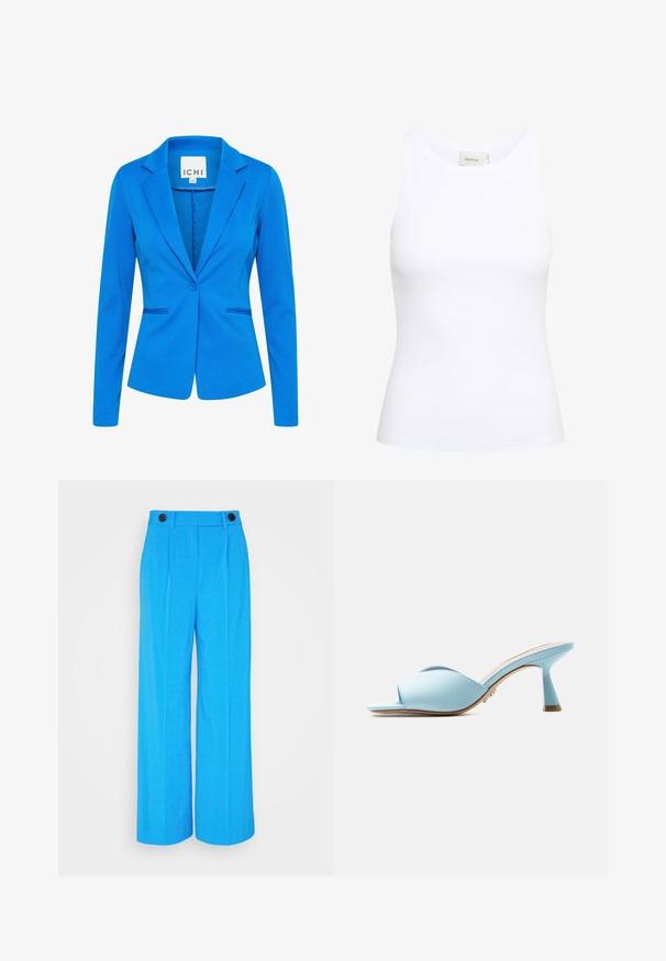 Blå tætsiddende blazer lavet af struktureret stof. Har en spids revers, enkelt knaplukning og to frontlommer med diskret syning.; Hvid ribbet tanktop med rund halsudskæring og uden ærmer. Strækbart stof og tætsiddende design. Etiketten bagpå viser "GESTUZ."; Lysblå brede bukser med skarpe foran folder, to sorte knapper i taljen og en glat stofstruktur.; Lyseblå mule med åben tå, brede krydsede stropper og en udvidet mellemhøj hæl vist i profil mod hvid baggrund.