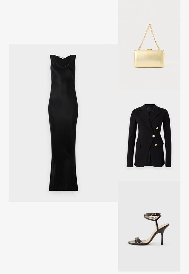 Blazer negro de tela suave con un corte ajustado, que presenta un diseño de doble botonadura y botones en tono dorado. Incluye bolsillos laterales.; Vestido largo sin mangas negro hecho de una tela suave; presenta un escote redondeado y una silueta ajustada que se estrecha hacia el dobladillo.; Sandalia de tacón alto de charol negro con tira delgada en el tobillo y hebilla, punta abierta y tacón aguja esbelto sobre fondo blanco.; Bolso de mano dorado rectangular con acabado brillante, cierre metálico y asa corta de cadena dorada sobre un fondo claro y liso.