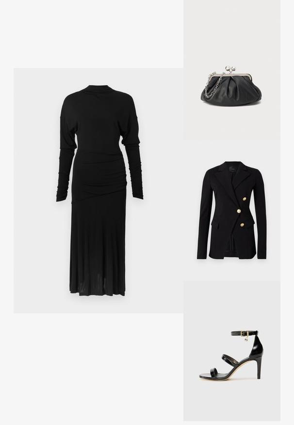 Blazer negro de tela suave con un corte ajustado, que presenta un diseño de doble botonadura y botones en tono dorado. Incluye bolsillos laterales.; Vestido negro de manga larga con cuello alto, detalles fruncidos en los costados y falda fluida. Hecho de tela suave y elástica.; Sandalia de charol negro con tres correas, hebilla en el tobillo y tacón de aguja de 10 cm. Presenta detalles de hardware en oro y un charm con el logo.; Clutch de cuero negro con textura arrugada, marco de metal en tono plateado, cierre de beso y cadena para colgar. Superficie suave y lisa.