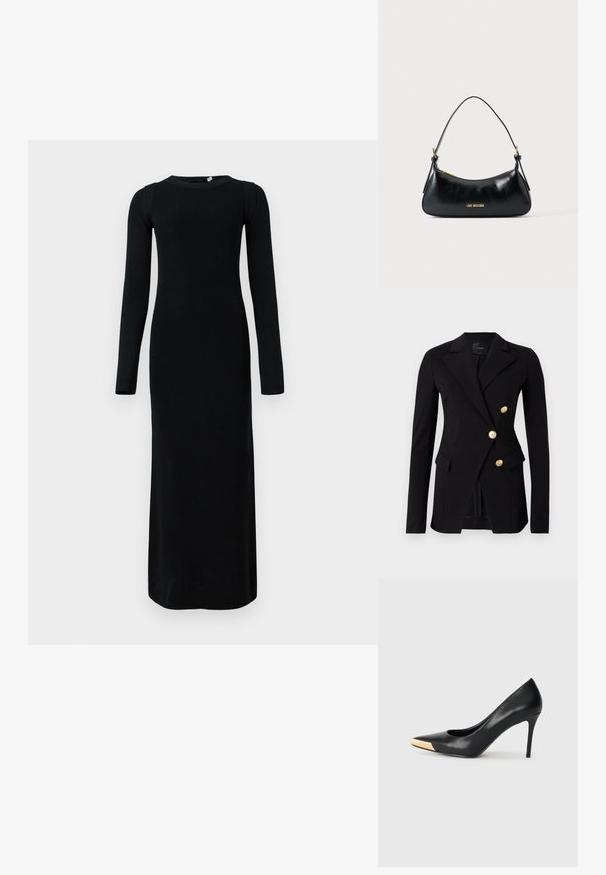 Sort blazer lavet af glat stof med en skræddersyet pasform, der har et dobbeltradet design og knapper i guldfarve. Inkluderer sidelommer.; Lang sort strikket kjole med lange ærmer, rund halsudskæring og ribbede detaljer på skuldrene. Glat tekstur med en tætsiddende silhuet.; Sort læder stiletter med spids tå; har et metalisk guldakcent på tåkapperne. Glat overflade med et strømlinet design.; Sort læder skuldertaske med guldfarvet lynlås og "LOVE MOSCHINO" logo foran, med et buet top håndtag.