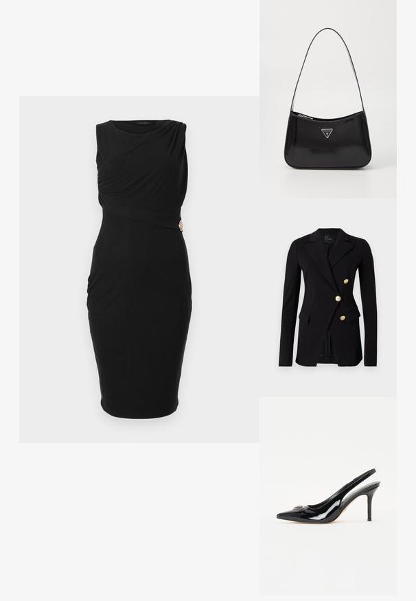 Blazer negro de tela suave con un corte ajustado, que presenta un diseño de doble botonadura y botones en tono dorado. Incluye bolsillos laterales.; Vestido negro sin mangas con un diseño drapeado y una costura lateral fruncida, acentuado por un detalle de hardware en tono dorado.; Zapatos de tacón slingback de charol negro con punta afilada, tacón de stiletto delgado y adornos decorativos en la parte delantera.; Bolso de hombro de charol negro con forma curva, que presenta un logotipo triangular plateado y un cierre de cremallera. Textura suave y correa delgada.