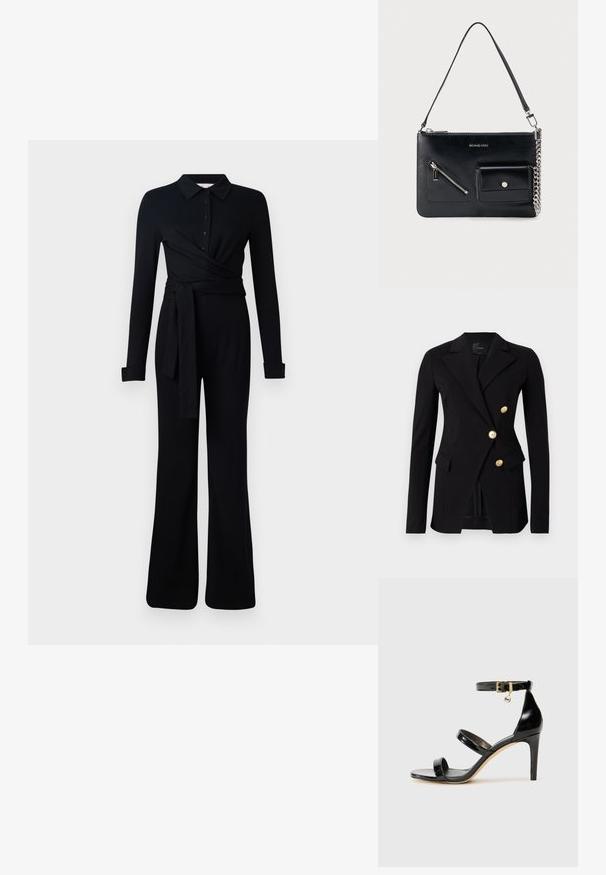 Sort blazer lavet af glat stof med en skræddersyet pasform, der har et dobbeltradet design og knapper i guldfarve. Inkluderer sidelommer.; Sort langærmet jumpsuit med krave, knaplukning, indviklet design og en bælte i taljen. Fremstillet af blødt, strækbart stof.; Sorte patenterede lædersandaler med tre stropper, ankelspænde og 10 cm stiletthæl. Har detaljer i guld og et logo charms.; Sort Michael Kors skuldertaske i læder med toplynlås, diagonal lynlåslomme foran, klaplomme med trykknap og sølvkædedetalje.