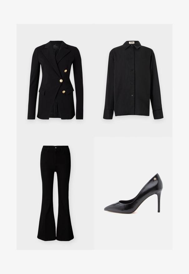 Blazer negro de tela suave con un corte ajustado, que presenta un diseño de doble botonadura y botones en tono dorado. Incluye bolsillos laterales.; Camisa negra de manga larga con botones, cuello puntiagudo y puños, mostrada extendida con la etiqueta de la marca "Aeron" visible dentro del cuello.; Vaqueros acampanados de talle alto negros con cierre de botones y cremallera, bolsillos delanteros y ajuste ceñido en caderas y muslos.; Zapato de tacón alto de cuero negro con punta puntiaguda, con un diseño recortado y un pequeño detalle de logo dorado en el talón.
