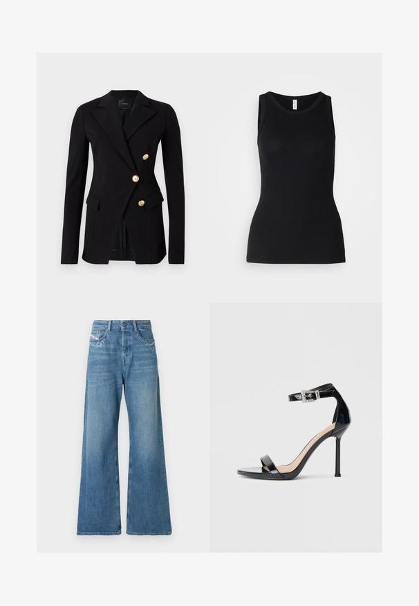 Sort blazer lavet af glat stof med en skræddersyet pasform, der har et dobbeltradet design og knapper i guldfarve. Inkluderer sidelommer.; Sort ærmeløs tanktop lavet af ribbet stof, med rund halsudskæring og tætsiddende design, med en glat overflade og uden mønstre.; Vidbenede denimjeans i lyseblå med pynt på forlommerne. Har høj talje og en glat tekstur.; Sort højhælet sandal i laklæder med ankelrem. Har minimalistisk design, åben tå og spænde med rhinsten-detaljer.