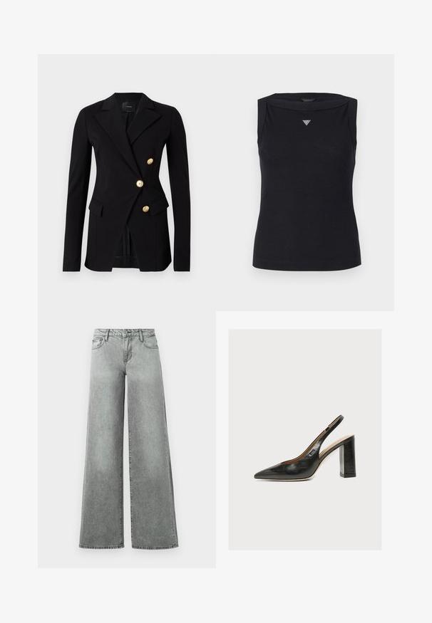 Schwarzer Blazer aus glattem Stoff mit taillierter Passform, der ein doppelt knöpfbares Design und goldfarbene Knöpfe aufweist. Verfügt über Seitentaschen.; Schwarzes ärmelloses Oberteil aus Baumwolle, mit Bootsausschnitt und kleinem Kristall-Dreieck-Logo auf der Brust. Glatte Textur.; Graue weit geschnittene Jeans aus Denim, mit fünf Taschen, hoher Taille und einem leicht verwaschenen Finish mit sichtbaren Nähten.; Schwarzer Leder-Damenslingback-Pumps mit spitzer Zehenpartie und dickem hohem Blockabsatz auf weißem Hintergrund.