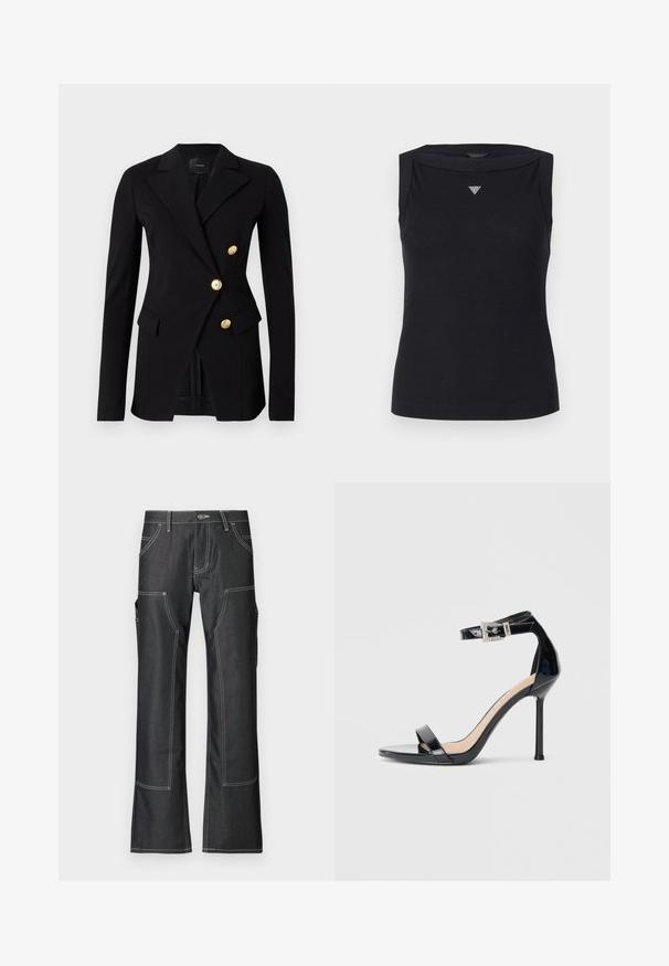 Schwarzer Blazer aus glattem Stoff mit taillierter Passform, der ein doppelt knöpfbares Design und goldfarbene Knöpfe aufweist. Verfügt über Seitentaschen.; Schwarzes ärmelloses Oberteil aus Baumwolle, mit Bootsausschnitt und kleinem Kristall-Dreieck-Logo auf der Brust. Glatte Textur.; Dunkelblaue Cargo-Hosen aus Denim mit weißer Kontrastnaht, ausgestattet mit mehreren Taschen und einem schmal zulaufenden Bein-Design. Robustes Material und Metallknopf-Verschluss.; Schwarzer Riemchensandale aus Lackleder mit hohem Absatz und Knöchelriemen. Verfügt über ein minimalistisches Design, offene Zehenpartie und eine Schnalle mit Strassakzenten.