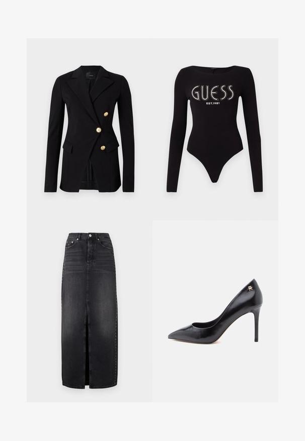 Sort blazer lavet af glat stof med en skræddersyet pasform, der har et dobbeltradet design og knapper i guldfarve. Inkluderer sidelommer.; Sort langærmet bodystocking med en scoop-halsudskæring, prydet med "GUESS" i rhinsten og "EST.1981" i hvid, lavet af strækstof.; Sort denimnederdel med frontslids, høj talje, fem lommer og nittebesætninger langs sidesømmene. Klassisk design.; Sort læderpump med høje hæle og spids tå, der har et udskåret design og en lille gulddetalje med logo på hælen.