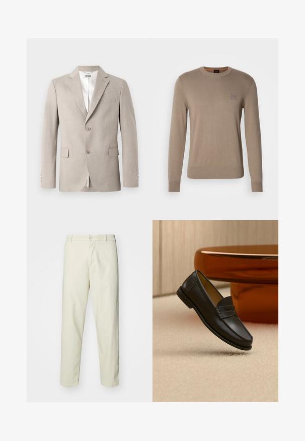 Beige Blazer mit Reverskragen, zwei Knöpfen, Brusttasche und Klapptaschen. Hergestellt aus strukturiertem Stoff und mit weißem Futter.; Beiger Rundhals-Pullover für Herren mit langen Ärmeln, gerippten Bündchen und Saum, der ein kleines quadratisches Logo-Patch auf der Brust trägt.; Hellbeige Baumwollhosen mit geradem Bein, ausgestattet mit einem vorderen Knopfverschluss und normalen Taschen, glatter Textur und ohne Muster.; Schwarzer Leder-Loafer, der über einem hellbeigen Teppich schwebt, mit bernsteinfarbenen modernen Möbeln im Hintergrund.